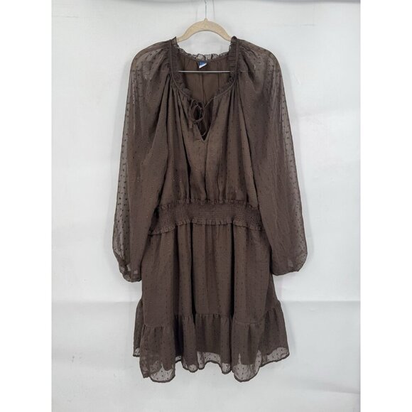 Old Navy Plus Size Dress Women 2X Brown Sheer Smocked Waist Ruffle Peasant - Picture 1 of 10